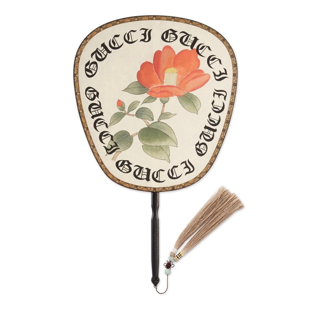 Gucci Gothic Logo Silk Tassel Wood Handle Fan